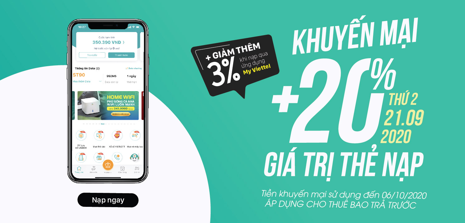 Ngày 21/09/2020, Viettel khuyến mại 20% giá trị tất cả thẻ nạp cho thuê bao trước trên toàn quốc